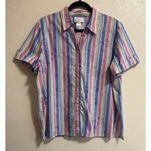 Vintage Rainbow Striped Button Up Shirt Floral Burnout Hippie Granny Boho Size L